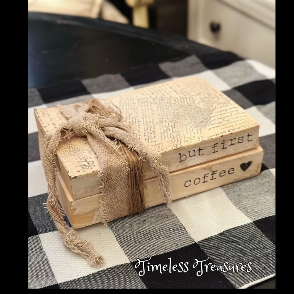 Rustic Primitive Hand Stamped Bookstack Coffee Decor